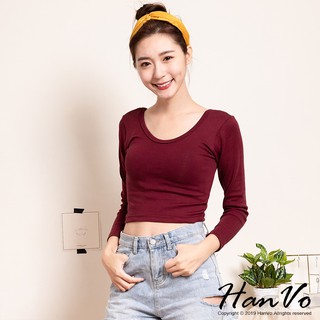 【HanVo】短版緊身長T 圓領合身緊身短版露肚露腰性感上衣百搭女生上衣長袖上衣 A02-1510