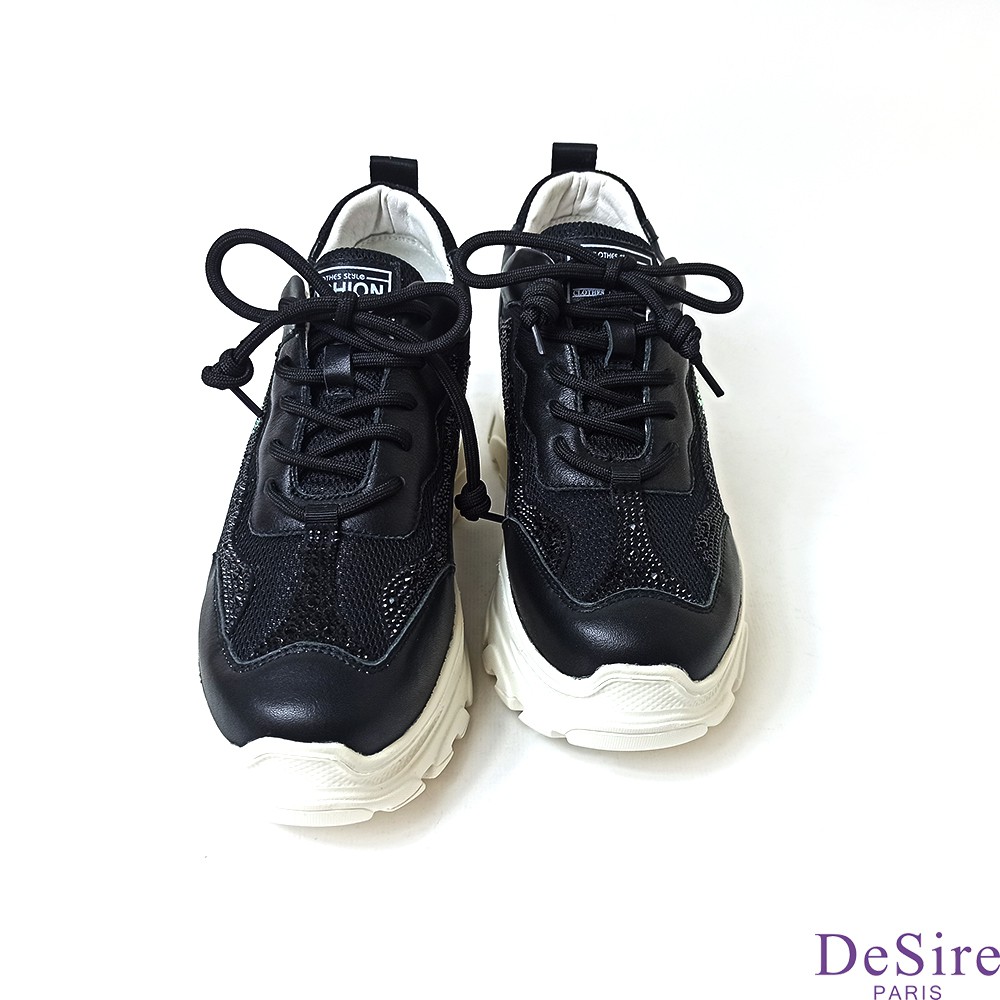【DeSire】英文貼鑽透氣厚底內增高休閒鞋-黑色(0137206-99)