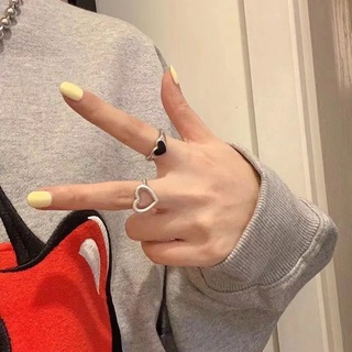 兩件套黑色愛心戒指女生ins小眾設計個性復古食指指環