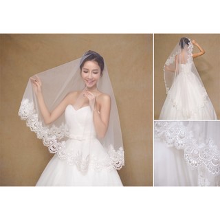 新娘頭紗Wed-30 短紗1.5米 單層頭紗 現貨 新娘秘書 婚紗 網紗 高雅 蕾絲 刺繡 華麗 花邊 禮服 進場 白紗