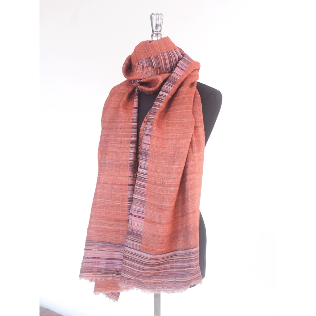 印度喀什米爾 100%純羊絨手工編織圍巾｜雙面設計橘粉紅條紋披肩 Cashmere Pashmina