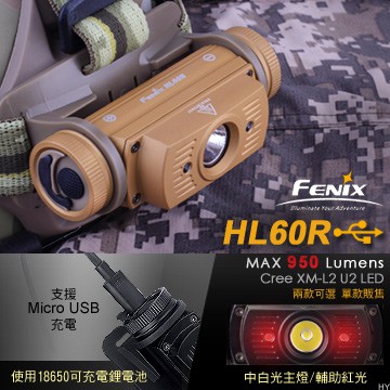 【EMS軍】FENIX HL60R 雙光源可充電頭燈(XM-L2 U2)(公司貨)#HL60R-U2(黑色)