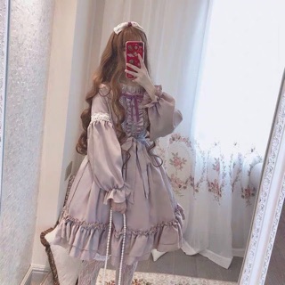 預購* lolita 蘿莉塔日系薰衣草蕾絲蝴蝶結大裙擺燈籠袖木耳邊日常長袖娃娃裙連身裙 小清新 學院風 軟妹 洋裝