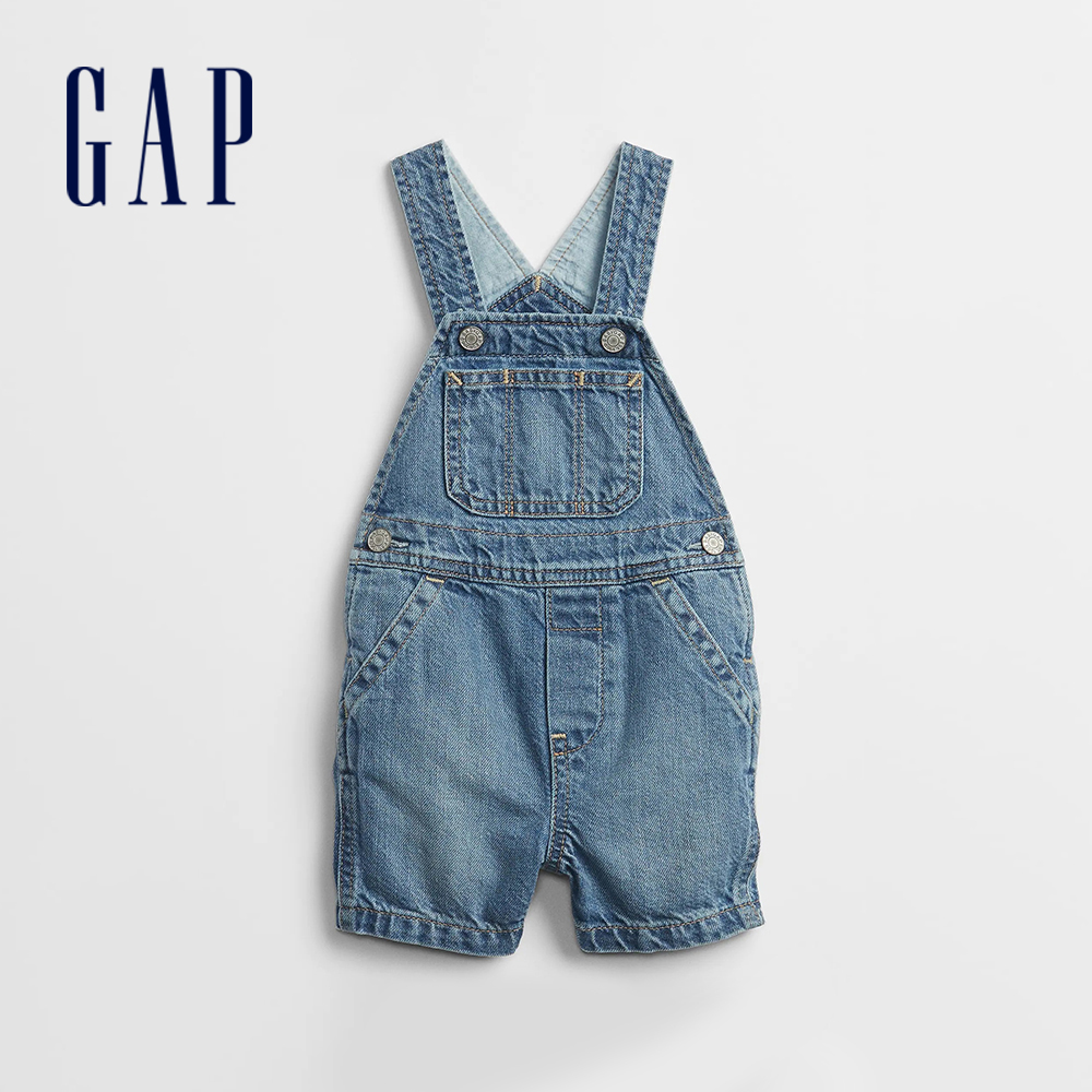 Gap 嬰兒裝 可愛純棉開襠牛仔吊帶褲-中度水洗(731892)