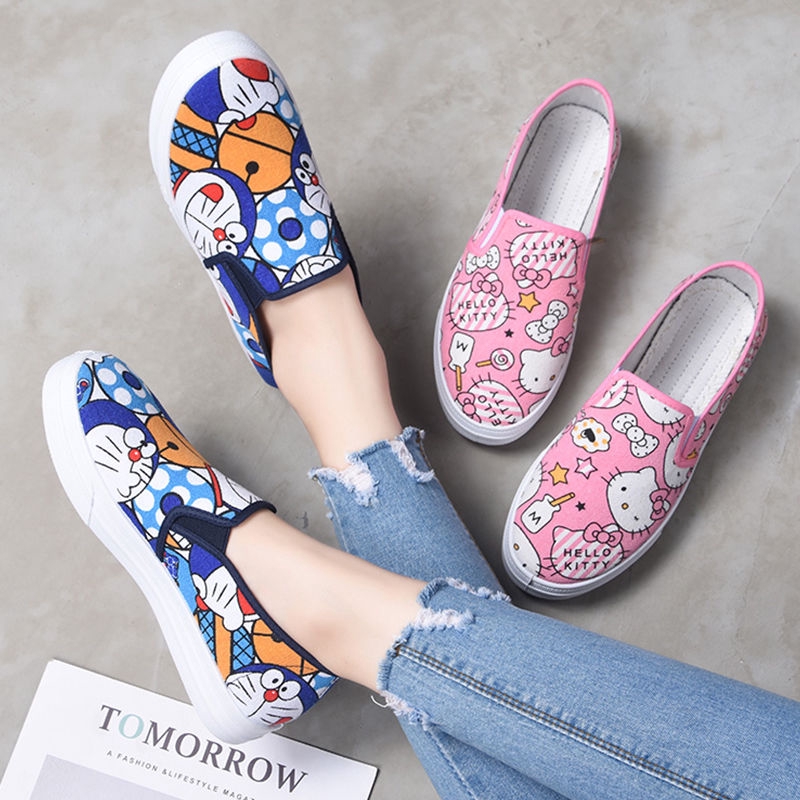 韓國女款塗鴉帆布鞋平底hello Kitty卡通休閒鞋學生運動鞋