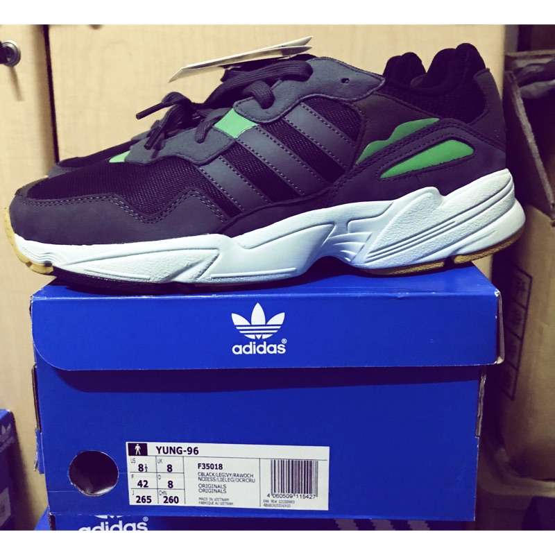 全新 ADIDAS YUNG-96 BLACK 皮革X網布 黑灰軍綠F35018 US 8.5