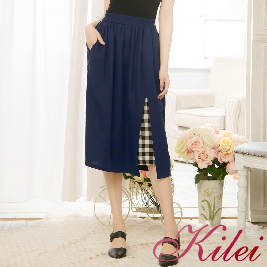 【Kilei】素面開叉內層格紋腰鬆緊長裙XA4212-01(神秘深藍)大尺碼