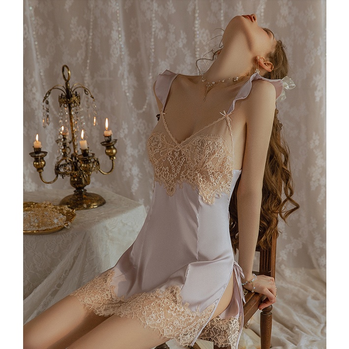 美背拼接 (粉紫色賣場)維多利亞的秘密款式 睫毛蕾絲拼接 睡衣 睡裙 性感睡衣