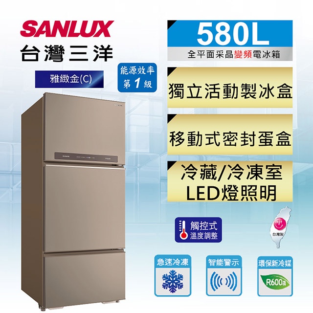 實體店面 三洋SANLUX【 SR-C580CV1A 】580公升 變頻三門電冰箱 一級能效