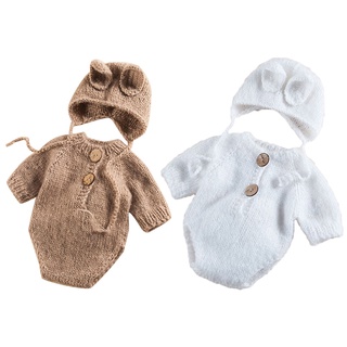 De 1 套針織嬰兒帽連衣褲套裝新生兒攝影道具套裝嬰兒服裝