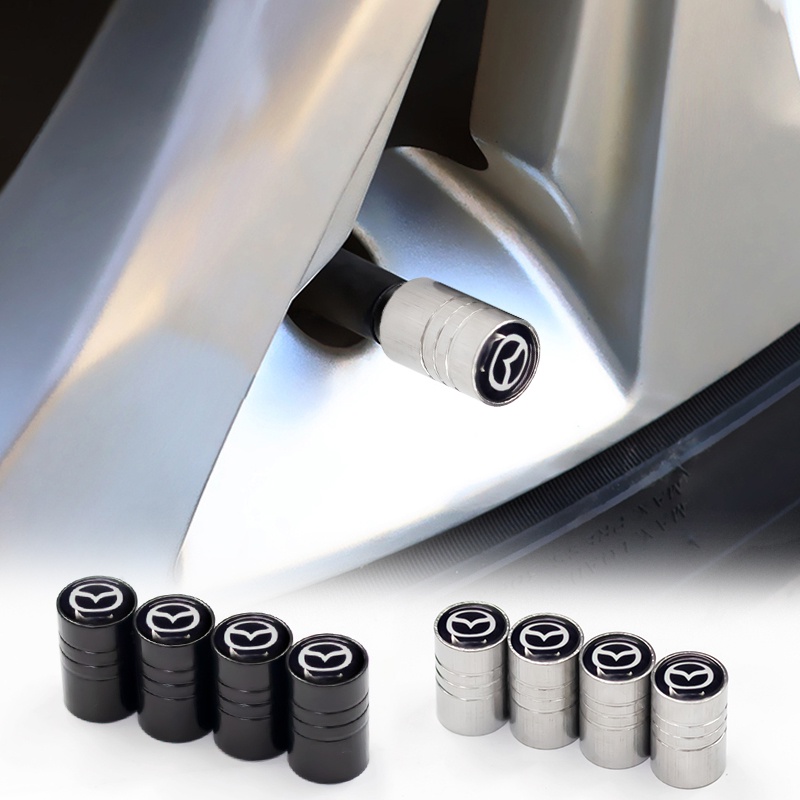 4 件裝鋁製汽車輪胎氣帽銀色/黑色圓柱輪輪胎桿氣門芯蓋適用於馬自達 5 6 323 626 RX8 CX5 CX-4 M