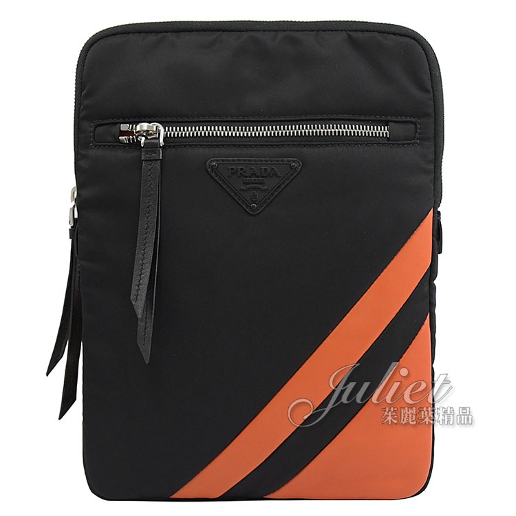 【茱麗葉精品】PRADA 1ZP014 輕量尼龍皮飾邊平板收納包/手拿包.黑/橘 現貨在台