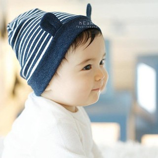 【現貨】可愛熊耳條紋翻簷新生嬰兒帽 童帽 胎帽 保暖帽 兒童造型帽