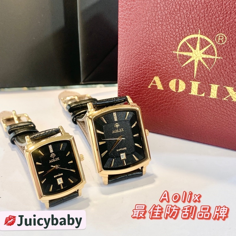 💋Juicybaby ✨Aolix 奧利士 雙11時尚方型對錶 女錶男錶 防水藍寶石防刮 保固兩年 日本石英機芯金錶