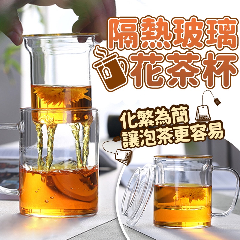 【小六嚴選】隔熱花茶杯三件組 花茶杯 玻璃濾網 杯蓋 杯 玻璃杯 泡茶 可過濾茶杯 冬天 黑糖 泡茶杯 茶葉 養生 杯子