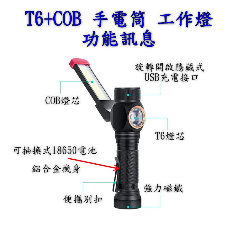 工作燈 T6 手電筒 COB 探照燈 可充電桌燈 可換式 18650 電池 附強力磁鐵可立吸於鐵板上 可180度旋轉照明