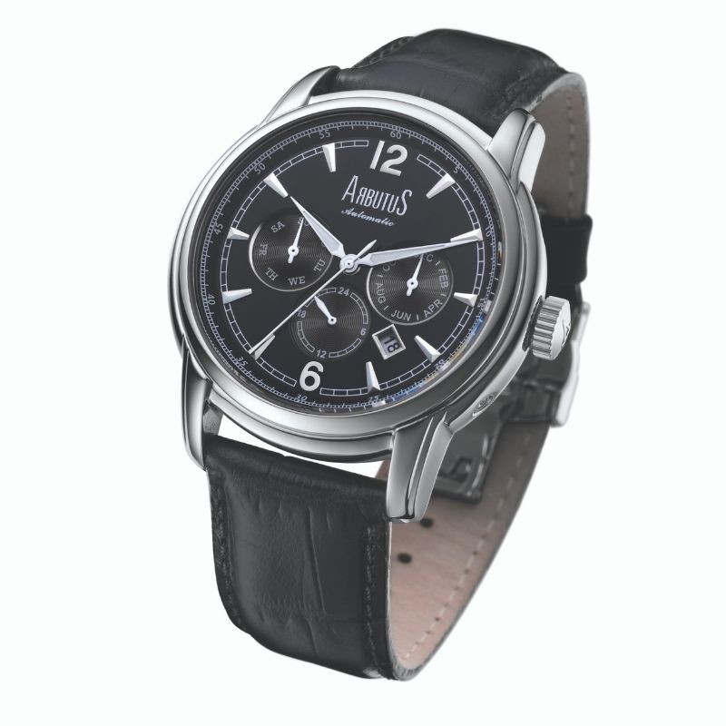 愛彼特ARBUTUS AR612SBB  傳統三眼設計 月份 星期顯示 真皮黑色錶帶 原廠公司貨
