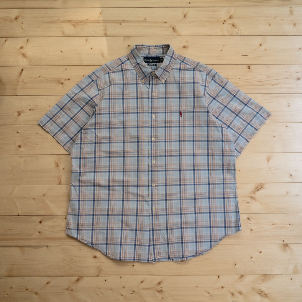 《白木11》 🇺🇸 90s Polo Ralph Lauren BD shirt 藍色 格紋 扣領 短袖 襯衫
