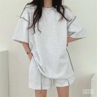 EIEI 韓國ins 兩件式套裝 韓系套裝 100%純棉純色休閑運動服套裝女夏季2021年新款時尚女士寬松兩件套