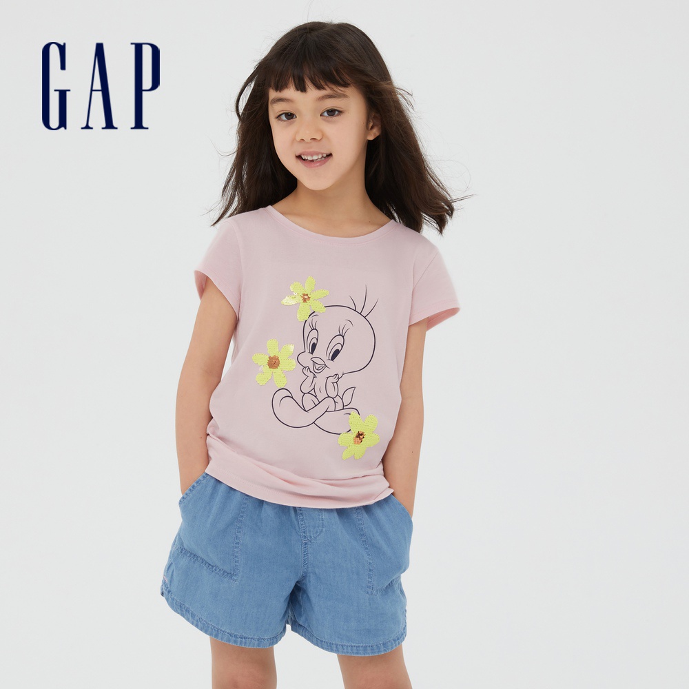 Gap 女童裝 Gap x Warner Bros聯名 雙面亮片短袖T恤-淡粉色(730975)