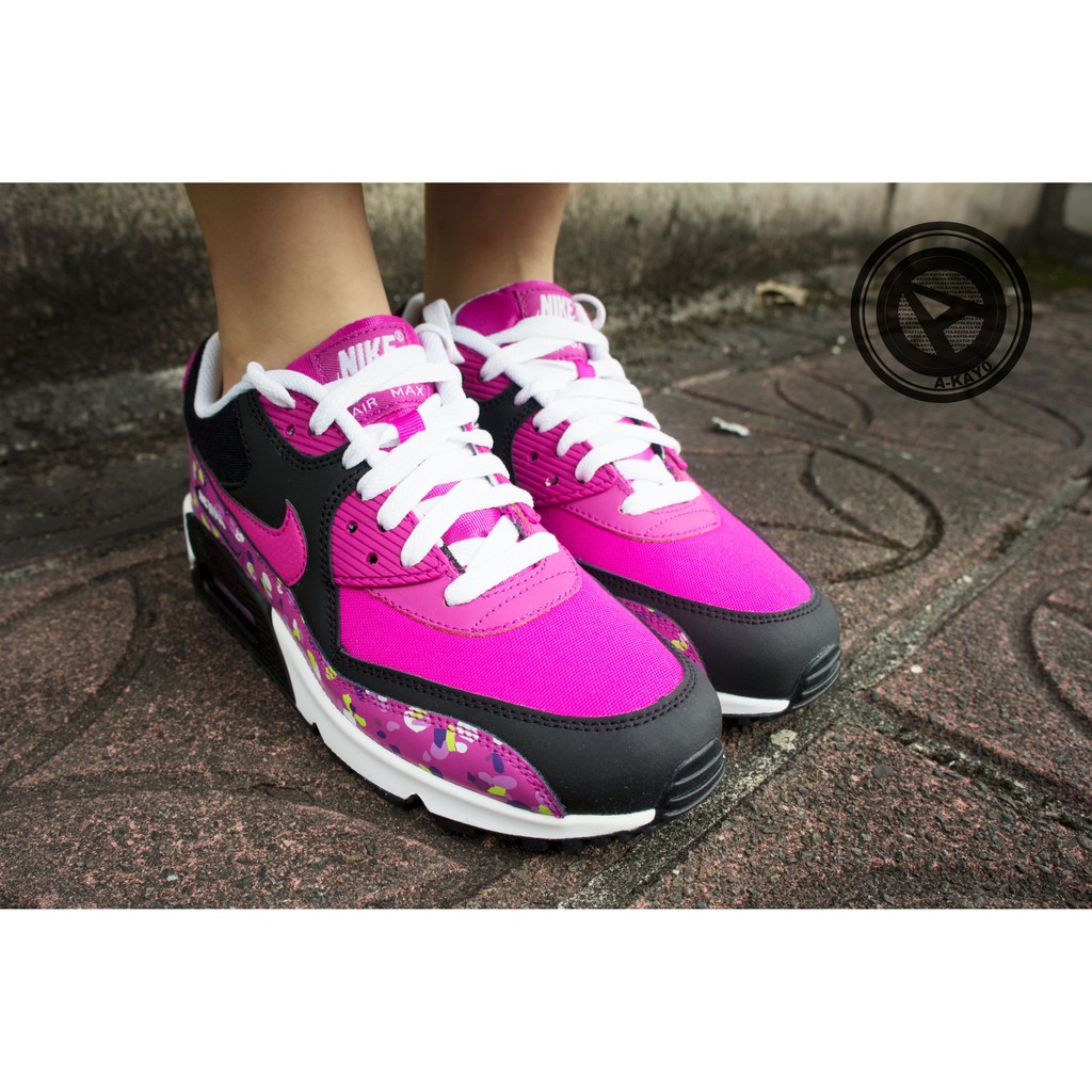 【A-KAY0】NIKE 女 AIR MAX 90 PREM MESH GS 皮革 小碎花 黑紫【724875-500】