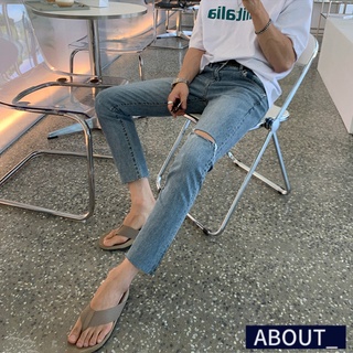 【ABOUT_歐巴】潮流直筒修身破洞褲管不收邊牛仔褲 韓 長褲 休閒褲 破褲 街頭 夏 男