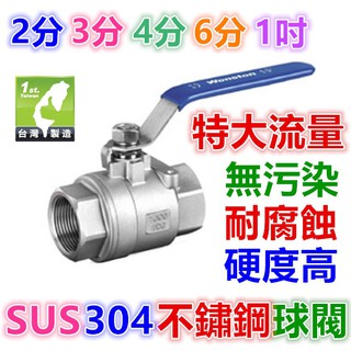 ㊣【特大流量】2分 3分 4分 6分 1吋 SUS 304 不鏽鋼球閥 白鐵 凡爾 止水閥 雙內螺紋 自來水