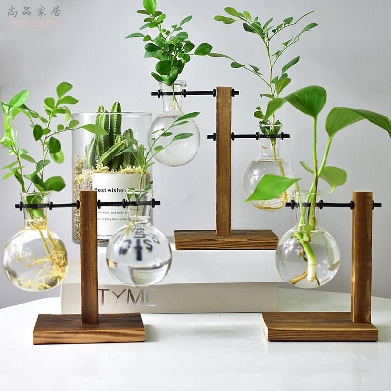 尚品簡約創意玻璃瓶花瓶木架水培花瓶綠蘿植物透明花瓶桌面擺件裝飾品 蝦皮購物