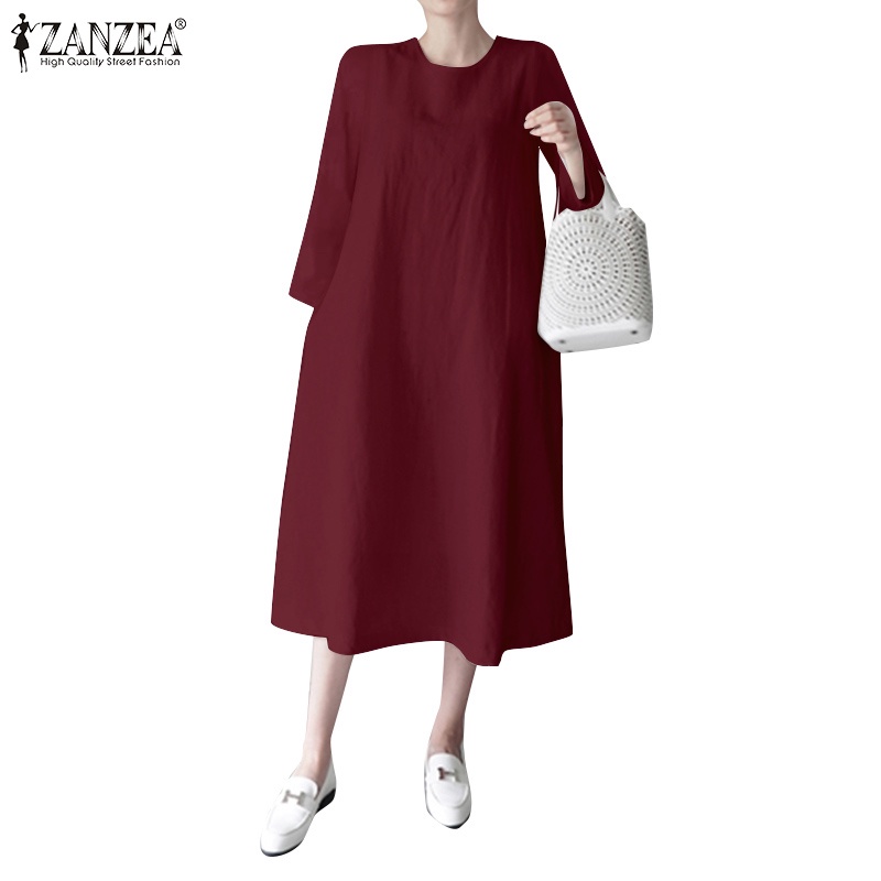 ZANZEA 女士休閒街頭服飾長袖 O 領純棉寬鬆純色連衣裙