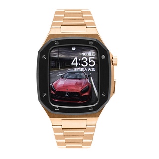 APPLE WATCH 蘋果手錶保護殼 | 全不鏽鋼款/膠帶款 - 玫瑰金x黑框 / 臺灣出貨 / 6.7.8代皆適用