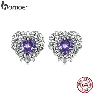 Bamoer 耳環 925 銀紫色鋯石愛心耳釘簡約時尚首飾女士禮物