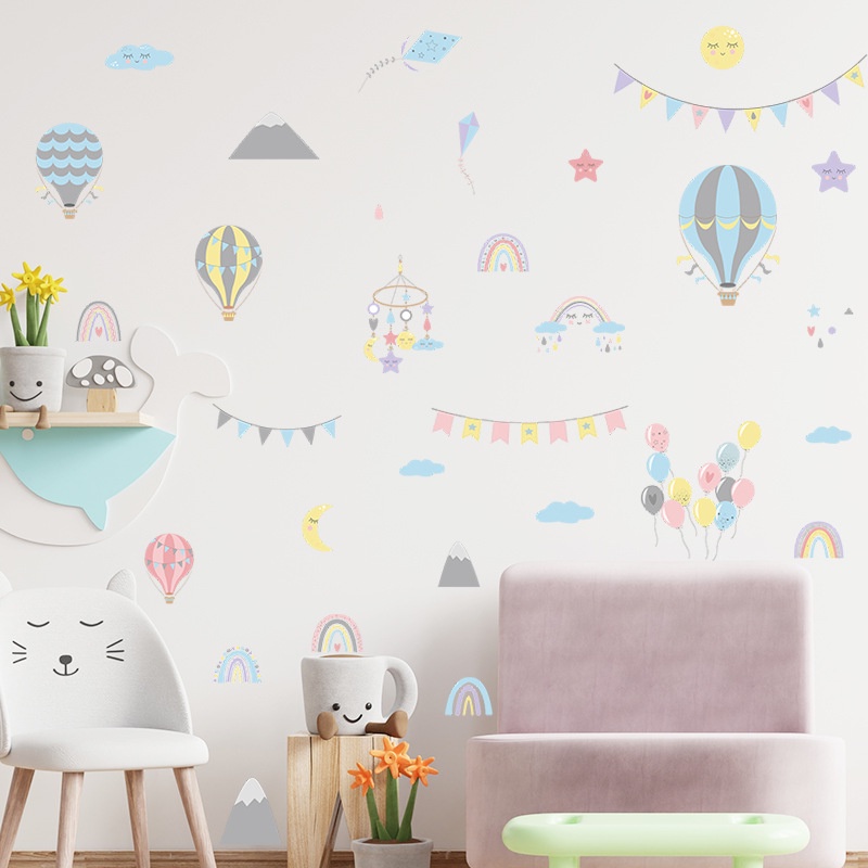 卡通熱氣球彩旗彩虹兒童房幼兒園臥室玄關家居裝飾牆貼