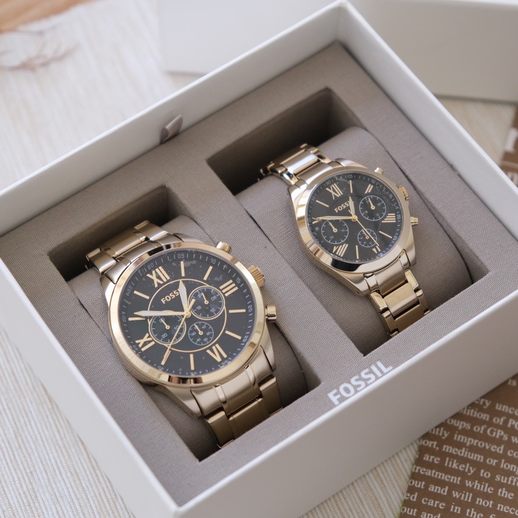 [B.U歐美專業代購]FOSSIL (男女對錶) 禮盒 計時 金色不鏽鋼 情侶對錶 男錶 女錶 BQ2400SET