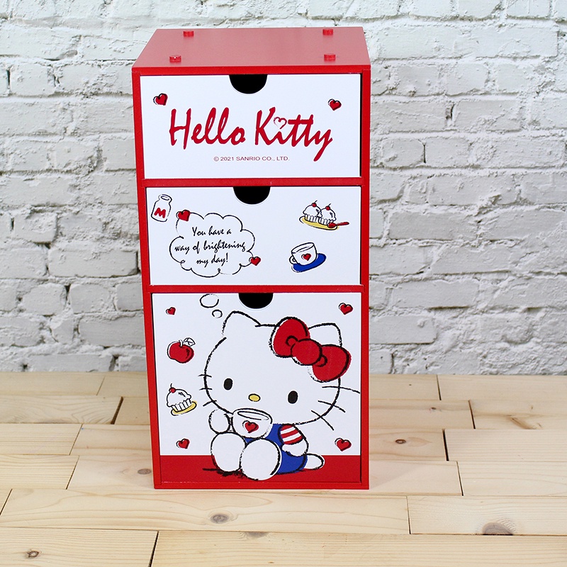 【晶品生活廣場】正版授權木製 Hello Kitty 三抽盒 收納盒 kitty收納櫃 抽屜櫃 三抽盒 SKT-1159