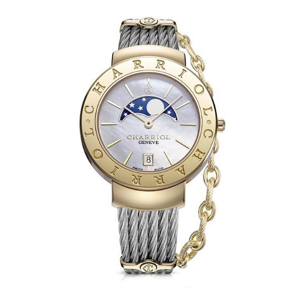 CHARRIOL 夏利豪 (ST35CY.560.002) 香檳金月象盈虧優雅鋼索腕錶/珍珠母貝面 35mm