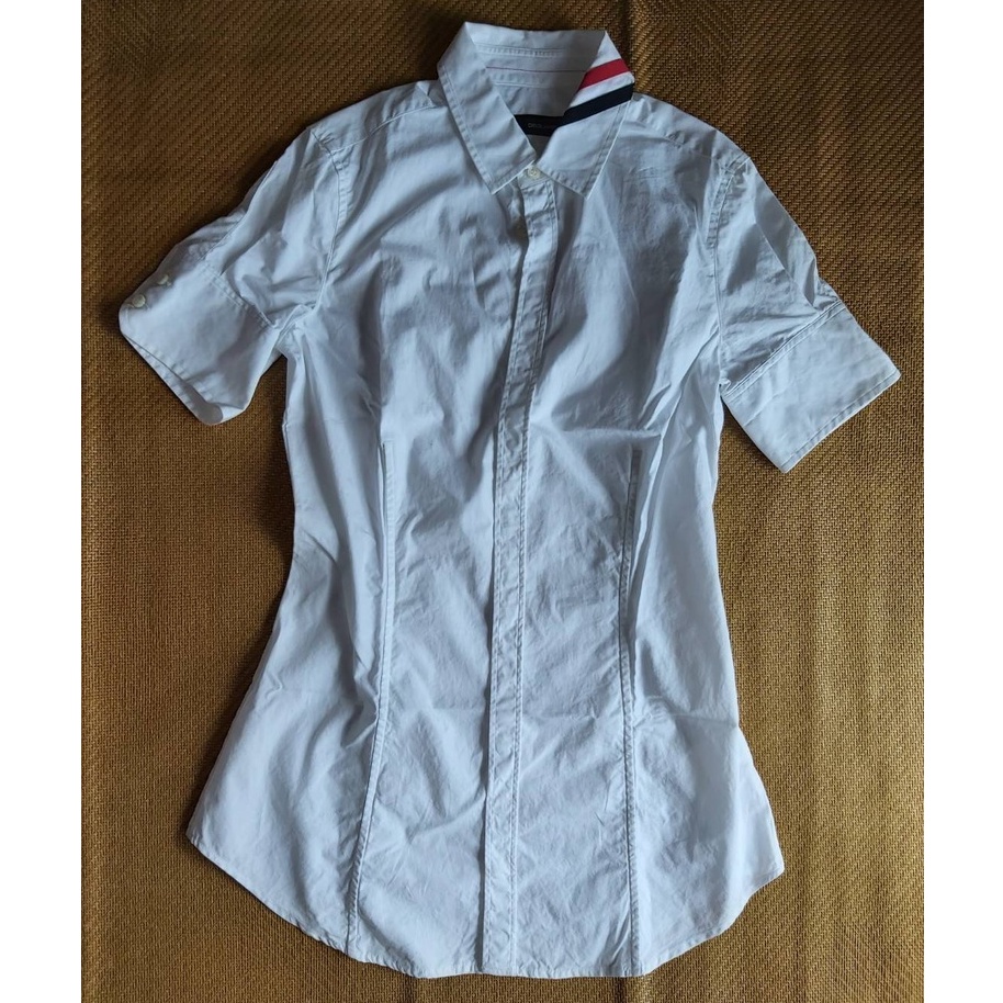 義大利名牌 DSQUARED2 二手 義大利製 白色 純棉 小領 紅藍條飾領 修身 隱釦 燈籠袖 短袖 襯衫 40號