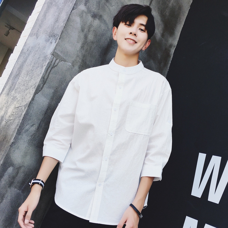 日系中袖襯衫男棉麻短袖襯衫七分袖襯衫氣質寬鬆文藝男士立領襯衫超舒適透氣三色入 蝦皮購物