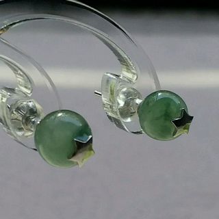 嗨，寶貝銀飾珠寶* 翡翠飾品☆925純銀鍍玫瑰金 天然緬甸玉 保A貨 放光 透亮 高冰起熒光綠飄花翡翠 星星造形純銀耳環
