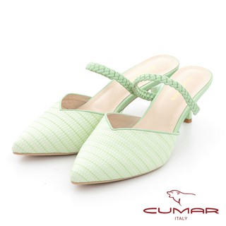【CUMAR】皮革壓花兩穿式後空高跟鞋 - 綠色