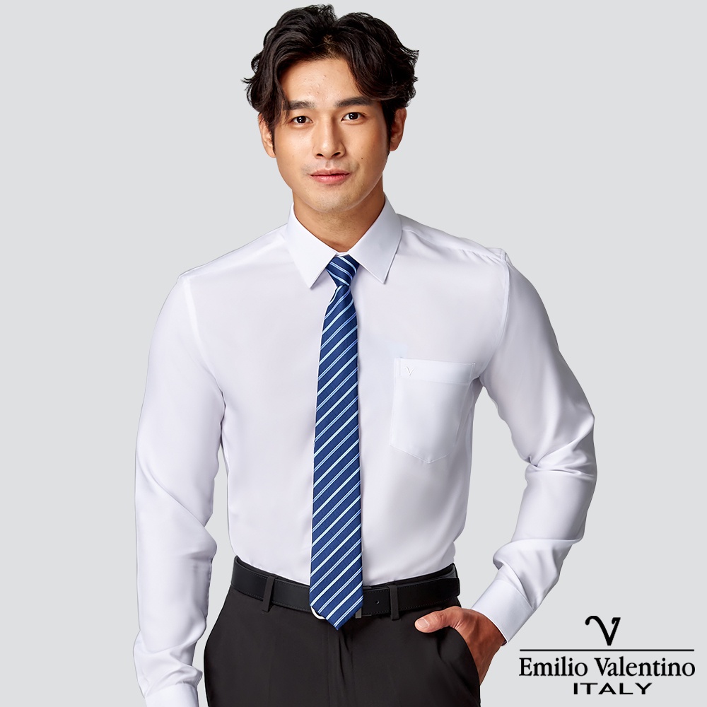 【Emilio Valentino】修身彈性素面長袖襯衫-白