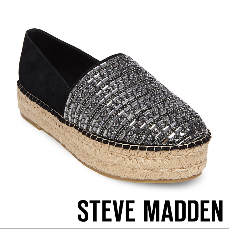 Steve Madden 歐美 黑色麻繩厚底亮亮串珠懶人鞋 厚底鞋 樂福鞋 7號