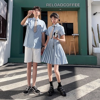 【COUPLE】不一樣的情侶裝💕💕新款韓版甜蜜設計感清新搭短袖襯衫連衣裙