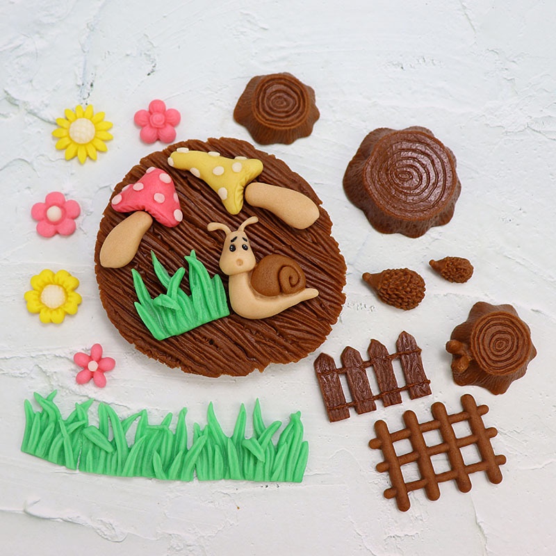 森樹樁草皮草巧克力軟糖矽膠模具圍欄木樁蘑菇蝸牛蛋糕裝飾