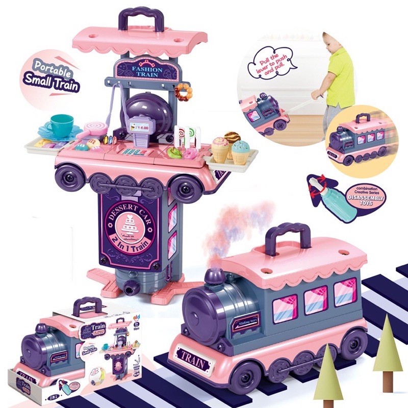 全新僅組裝-二合一火車拉桿餐車組 餐具玩具
