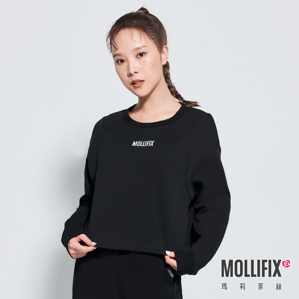 Mollifix 瑪莉菲絲 圓領短版鑲邊長袖上衣 (黑)