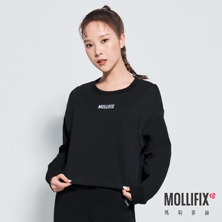 Mollifix 瑪莉菲絲 圓領短版鑲邊長袖上衣 (黑)瑜珈上衣、瑜珈服