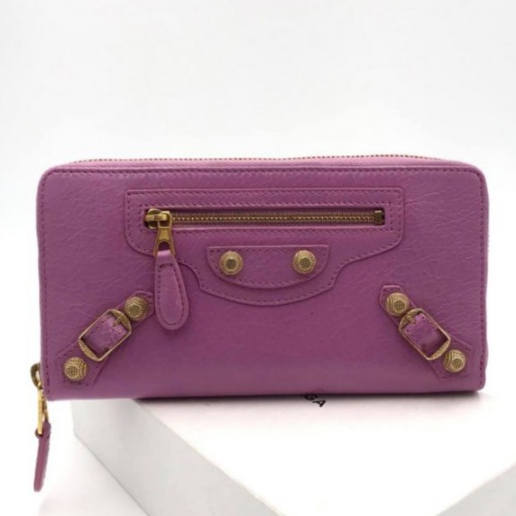 Balenciaga 253053 金釦小羊皮拉鍊長夾/錢包 紫粉色