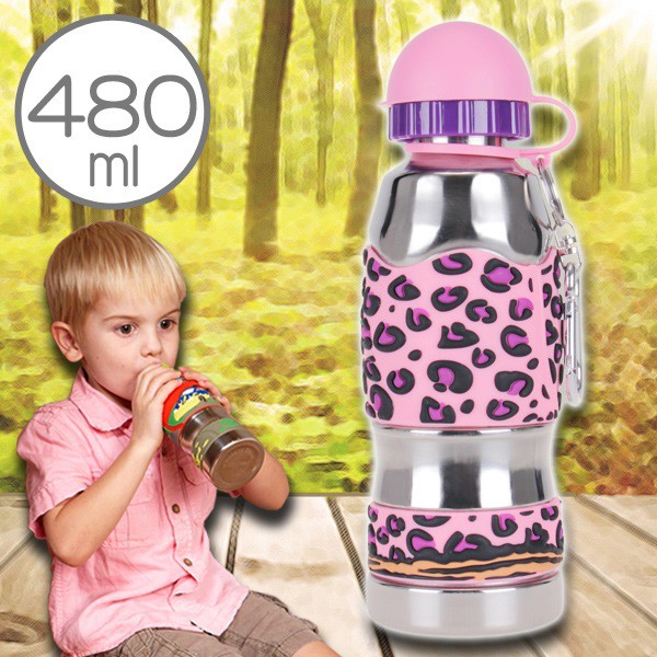 美國【i.d.gear】兒童水壺/不鏽鋼/幼童水瓶水杯-粉嫩豹紋480CC B-2MST034