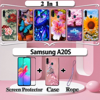 SAMSUNG 2 合 1 三星 A20S 手機殼帶鋼化玻璃曲面陶瓷螢幕保護膜花
