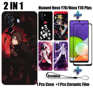 2 合 1 Naruto 手機殼帶鋼化玻璃適用於華為 Nova Y70 Nova Y70 Plus 手機殼和曲面陶瓷螢幕
